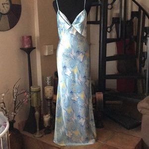 Retro Vintage Satin Blue Floral Sexy Long Maxi Nightgown Slip Dress Lingerie